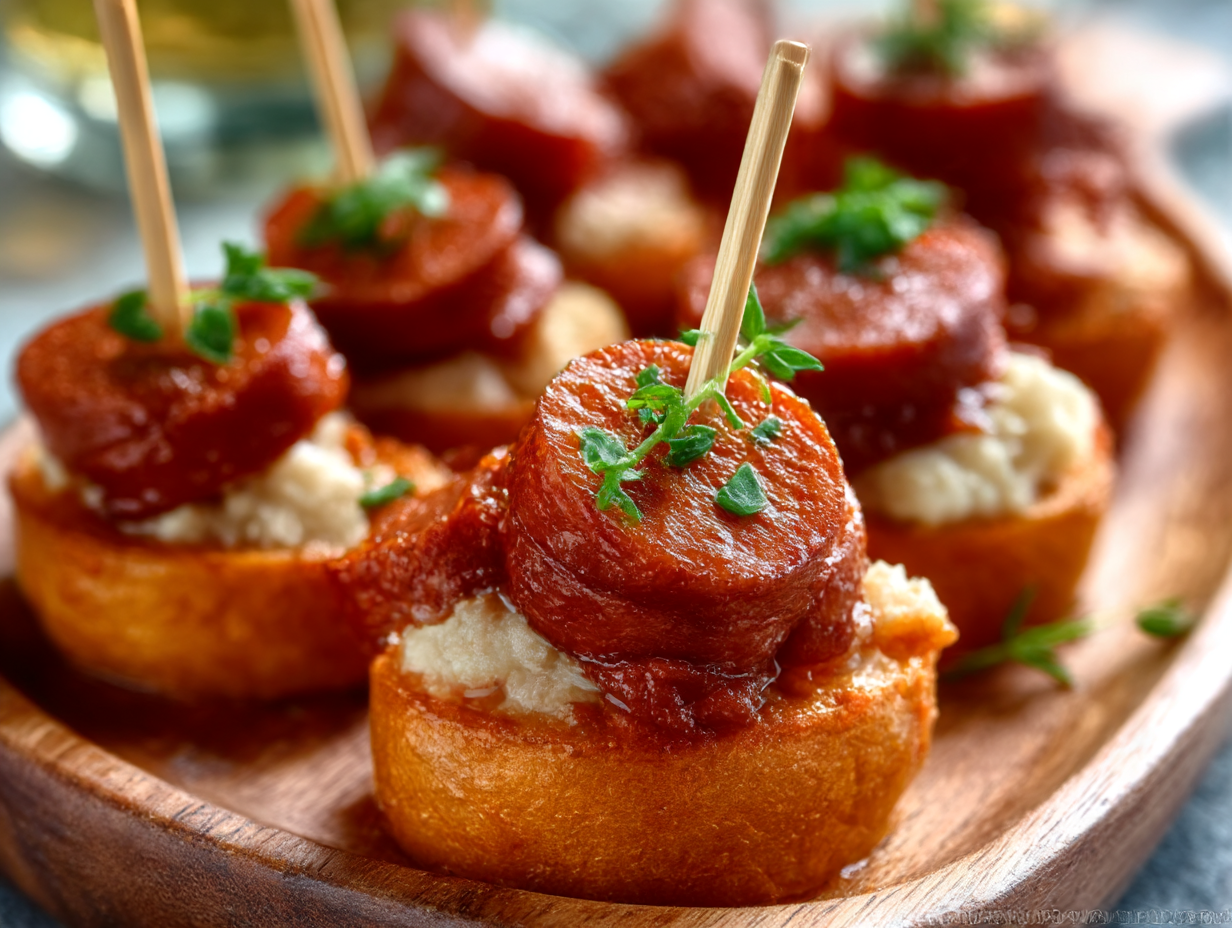 A colorful spread of easy-to-make Crockpot appetizers arranged on a kitchen counter.