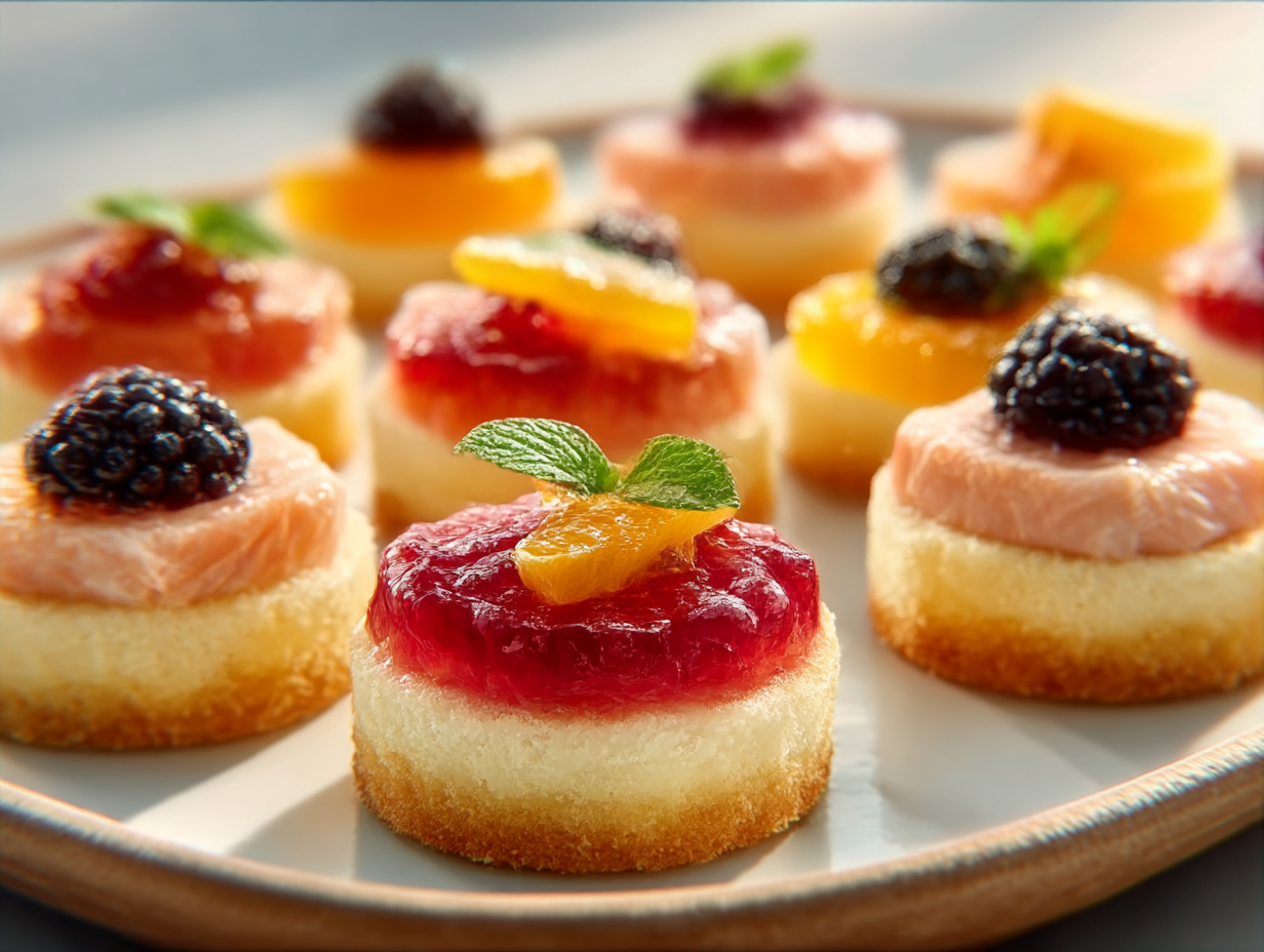 A colorful assortment of bite-sized Finger Foods For Party Dessert arranged on a decorative platter.
