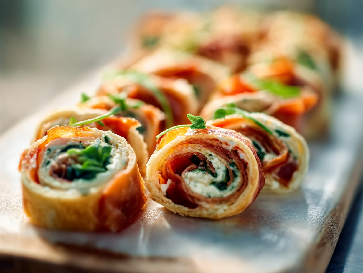 A platter of assorted quick finger foods for party Italian, including arancini, bruschetta, and cured meats, arranged on a rustic wooden table.