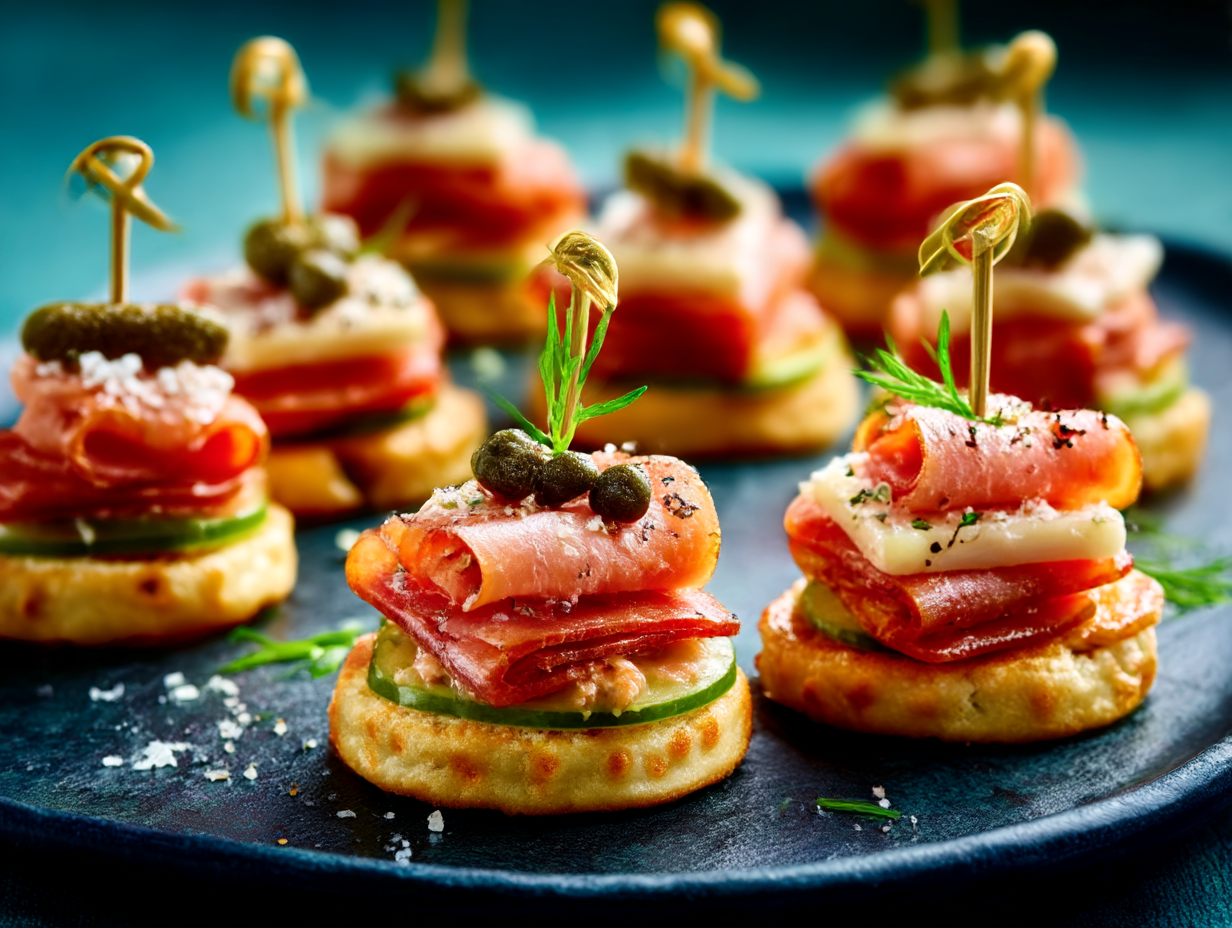 A colorful platter of assorted finger foods for party, including mini sandwiches, vegetable skewers, and cheese cubes.