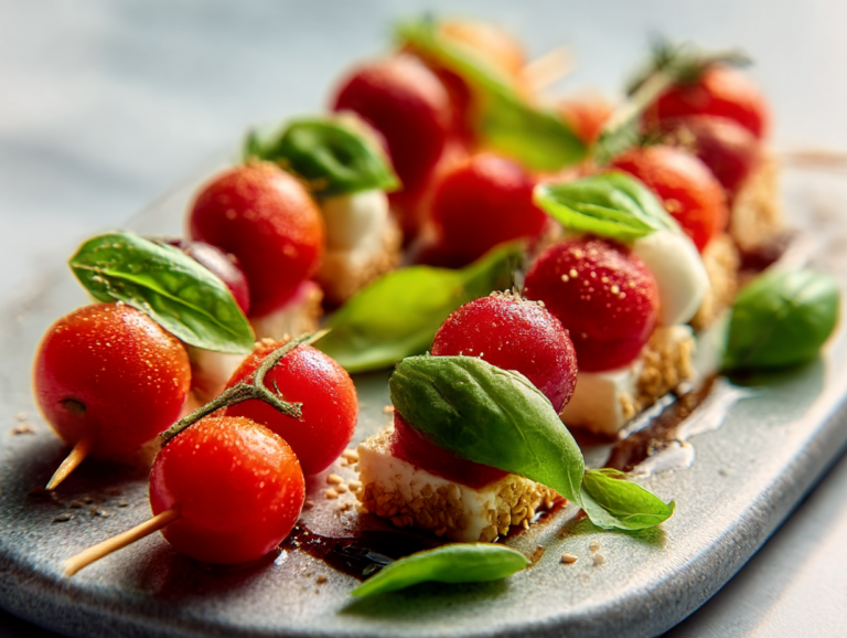 A colorful platter of quick party finger foods including mini quiches, stuffed mushrooms, and vegetable skewers arranged for easy serving.