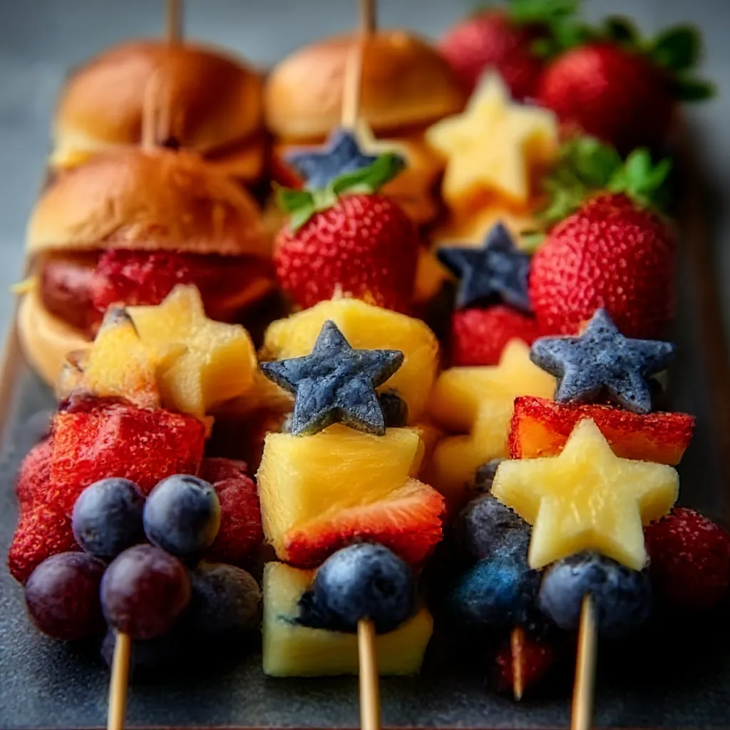 A festive platter of red, white, and blue 4th of July appetizers including star-shaped fruit skewers and caprese salad bites.