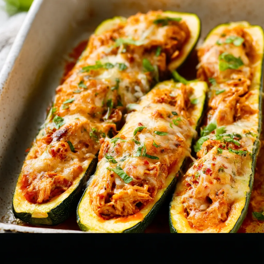 A close-up view of golden-brown Buffalo Chicken Zucchini Boats fresh from the oven, with melted cheese and a drizzle of creamy sauce.