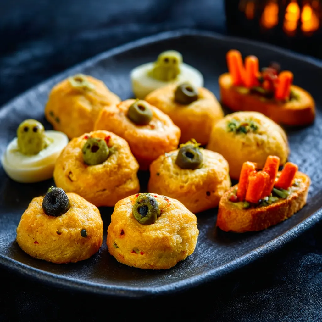 A second image of creative Halloween appetizers arranged on a dark platter for a spooky party spread.