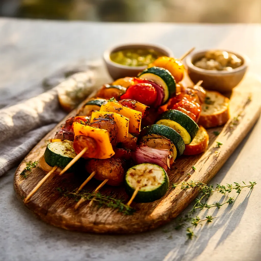 A colorful platter of grilled vegetable skewers and bruschetta arranged on a wooden board, perfect for serving Outdoor Party Appetizers.