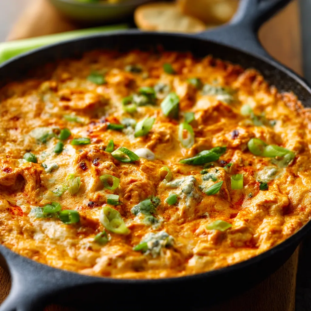 A close-up view of a bowl of creamy Zero Point Buffalo Chicken Dip served with crisp celery sticks.