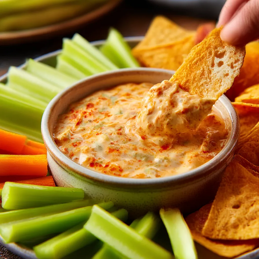 A second image shows a close-up of a finished, creamy Buffalo Chicken Dip in a serving dish, ready to be enjoyed with tortilla chips and celery sticks.