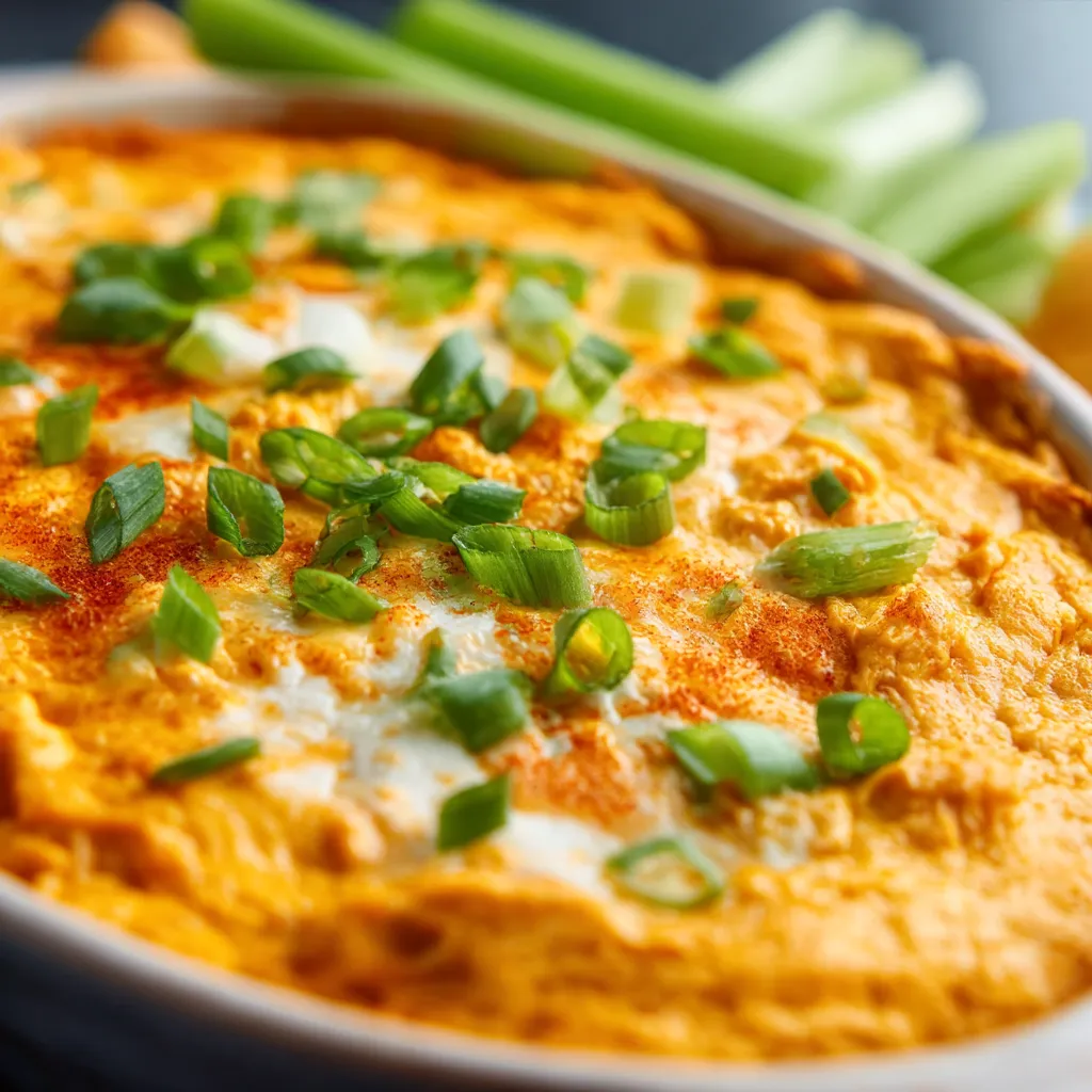 A close-up view of a creamy and spicy Buffalo Chicken Dip served in a dish with celery sticks and tortilla chips for dipping.