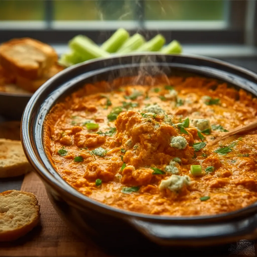 A close-up view of a creamy and spicy Buffalo Chicken Dip served in a dish with celery sticks and tortilla chips for dipping.