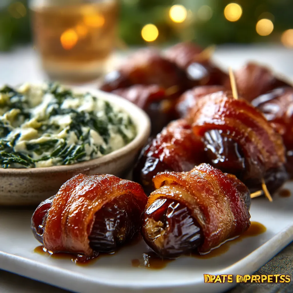 A festive platter of Christmas Party Appetizers includes bacon-wrapped dates, cheese straws, and cranberry meatballs.