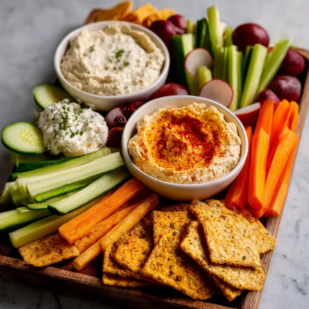 A colorful platter of dairy-free party appetizers including vegetable spring rolls, stuffed mushrooms, and crispy cauliflower bites arranged for serving.