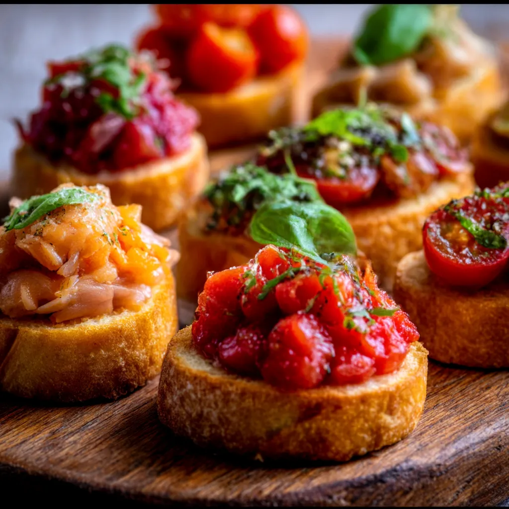 A platter of colorful and bite-sized party appetizers arranged on a slate board for easy serving.
