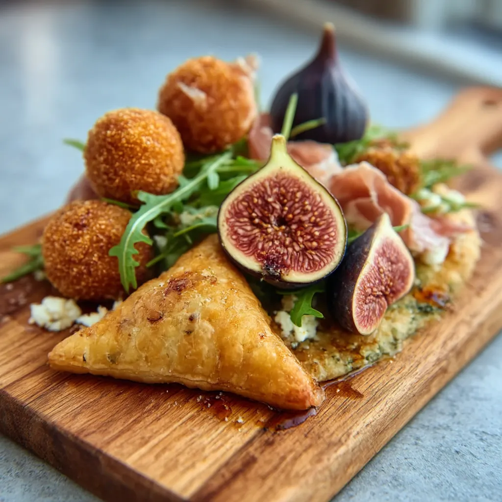 A close-up of a second platter featuring delicious warm appetizers for a party, including mini quiches and stuffed mushrooms.