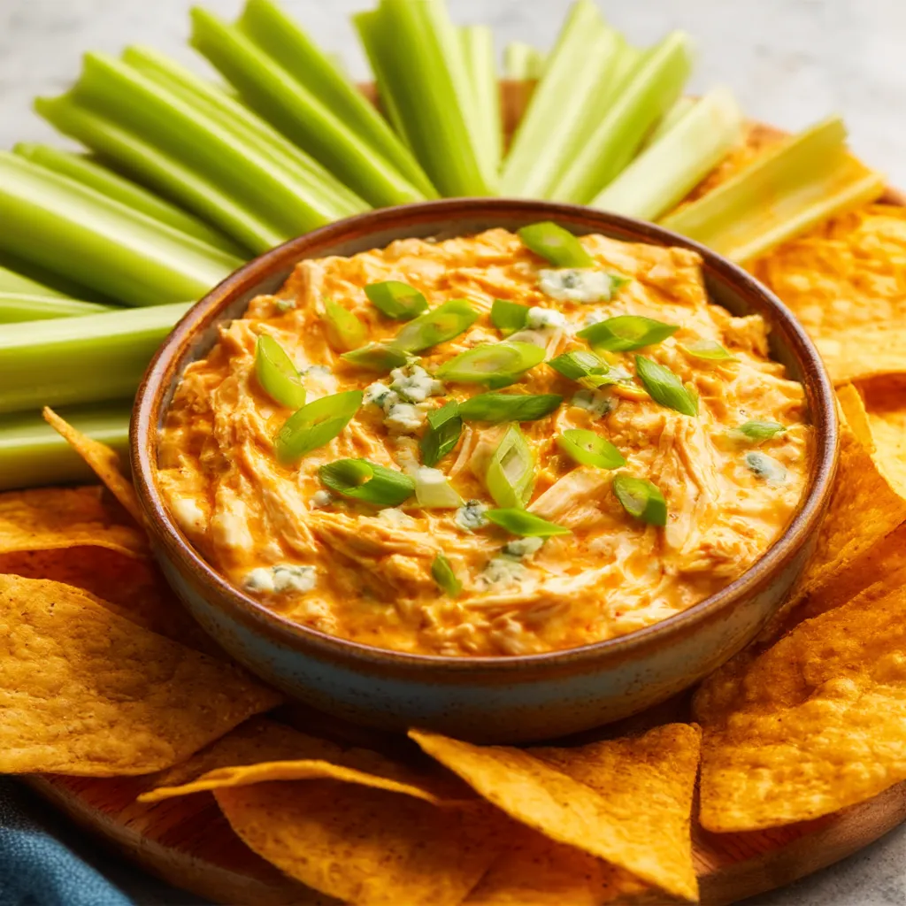 A second image shows a close-up of a creamy, orange Buffalo Chicken Dip being scooped with a tortilla chip.
