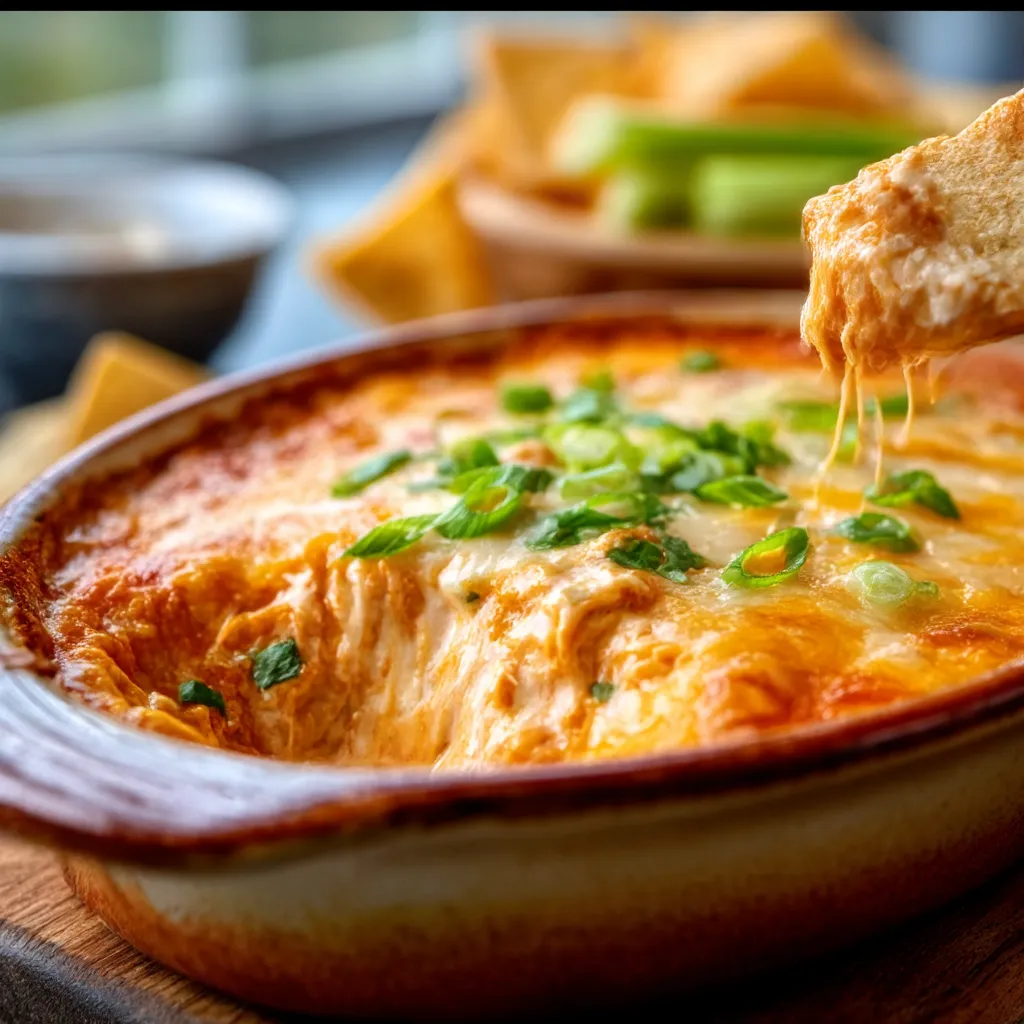 A close-up view of a bowl of creamy and spicy Buffalo Chicken Dip served with celery sticks and tortilla chips for dipping.