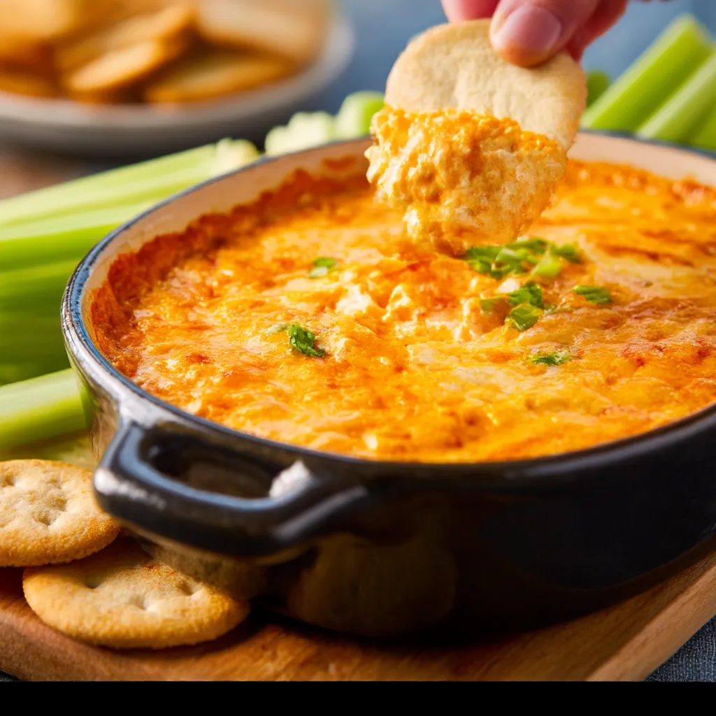 A close-up view of a bowl of creamy, spicy Buffalo Chicken Dip served with celery sticks and tortilla chips for dipping.