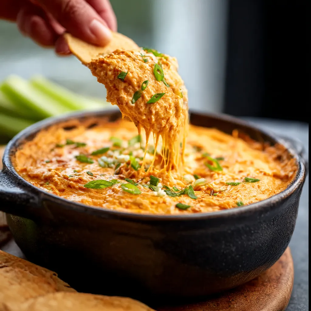 A close-up view of a creamy and spicy Buffalo Chicken Dip served in a ceramic dish, topped with melted cheese and green onions.
