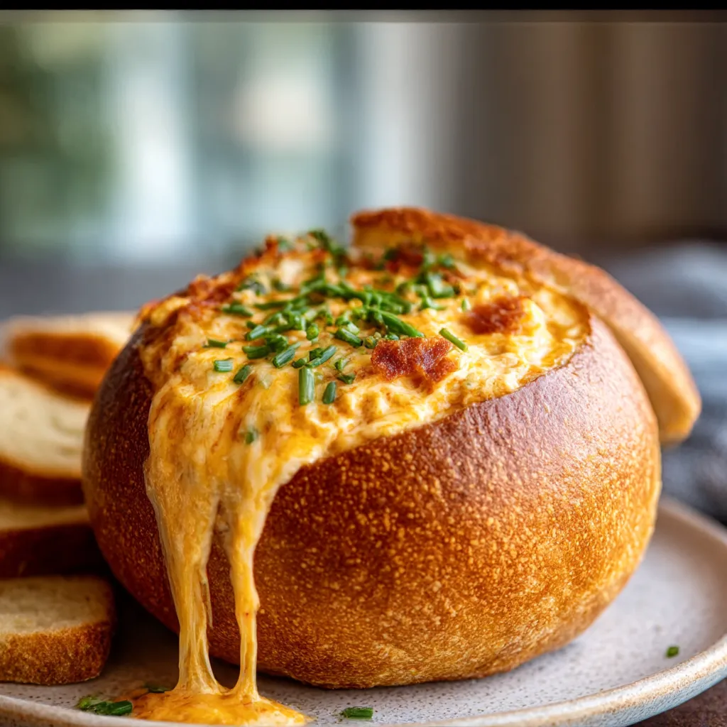 A round bread bowl is filled with creamy Buffalo Chicken Dip and topped with melted cheese and green onions.