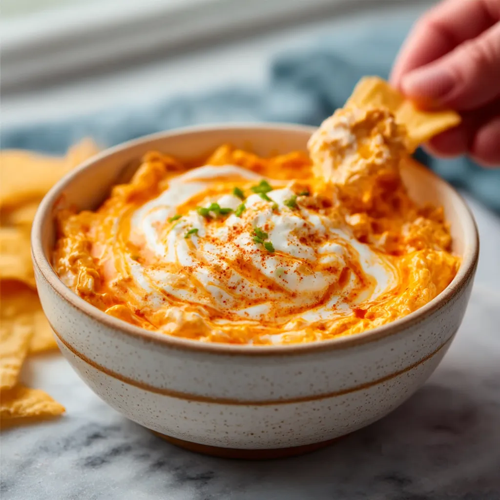A creamy bowl of Buffalo Chicken Dip Greek Yogurt sits next to celery sticks and tortilla chips for dipping.