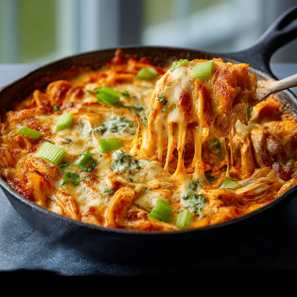 A close-up view of a creamy and cheesy Buffalo Chicken Dip Pasta Bake fresh from the oven in a ceramic baking dish.