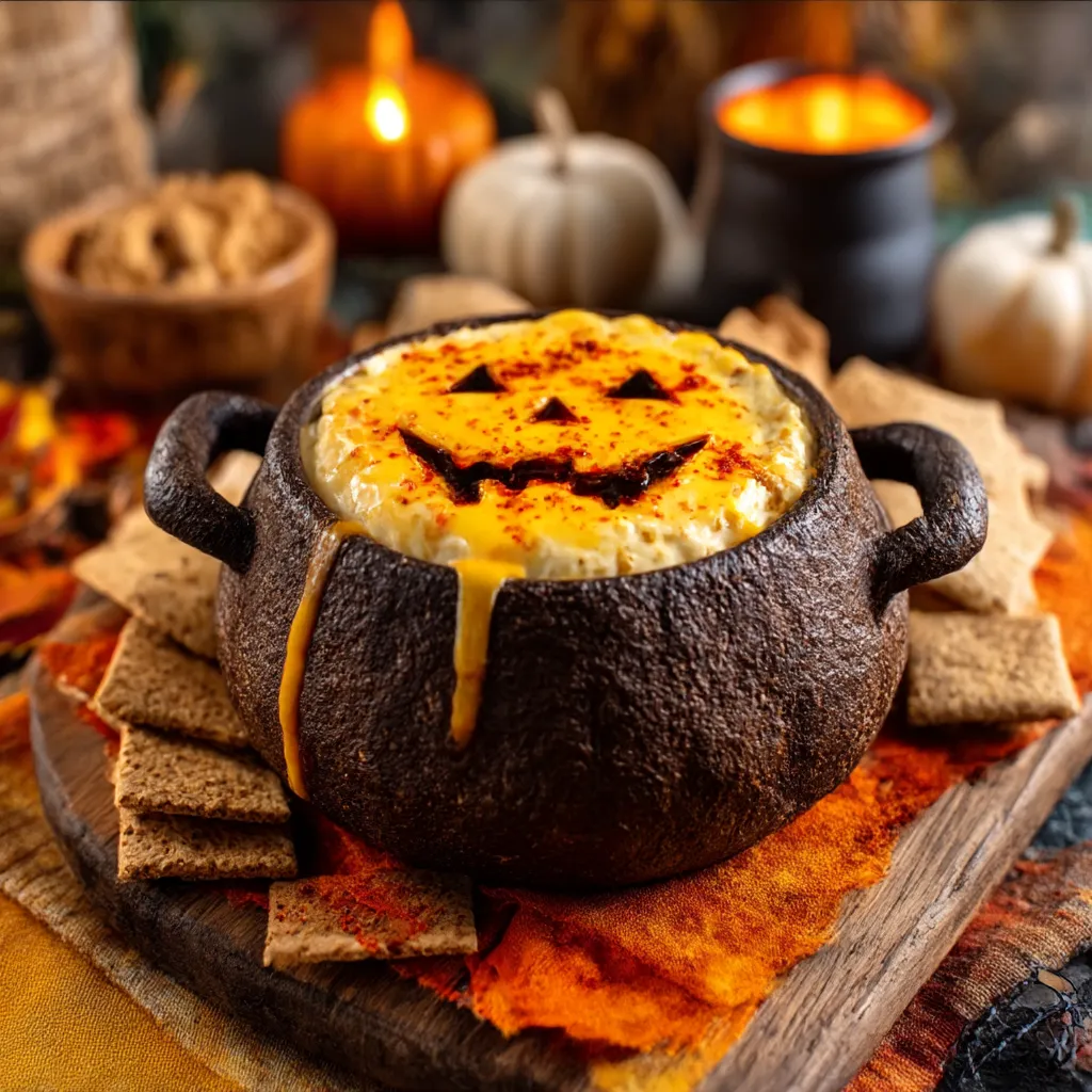 A close-up view of the finished Jack O Lantern Buffalo Chicken Dip served in a hollowed pumpkin with tortilla chips for dipping.