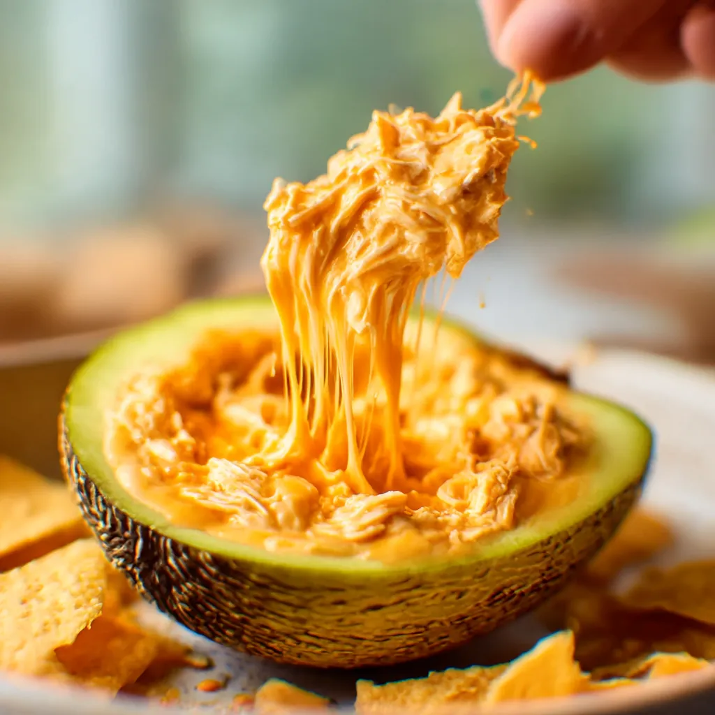 A close-up view of a creamy and spicy Jackfruit Buffalo Chicken Dip served in a bowl with celery sticks and tortilla chips for dipping.