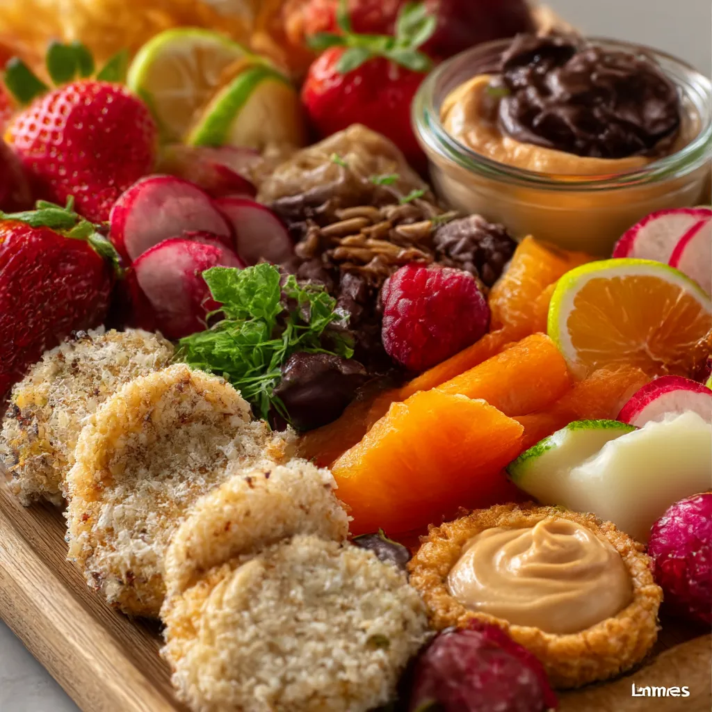 A colorful platter of fresh vegetable crudites, hummus, and fruit skewers offers delicious and inclusive Party Appetizers Gluten Free Dairy Free.