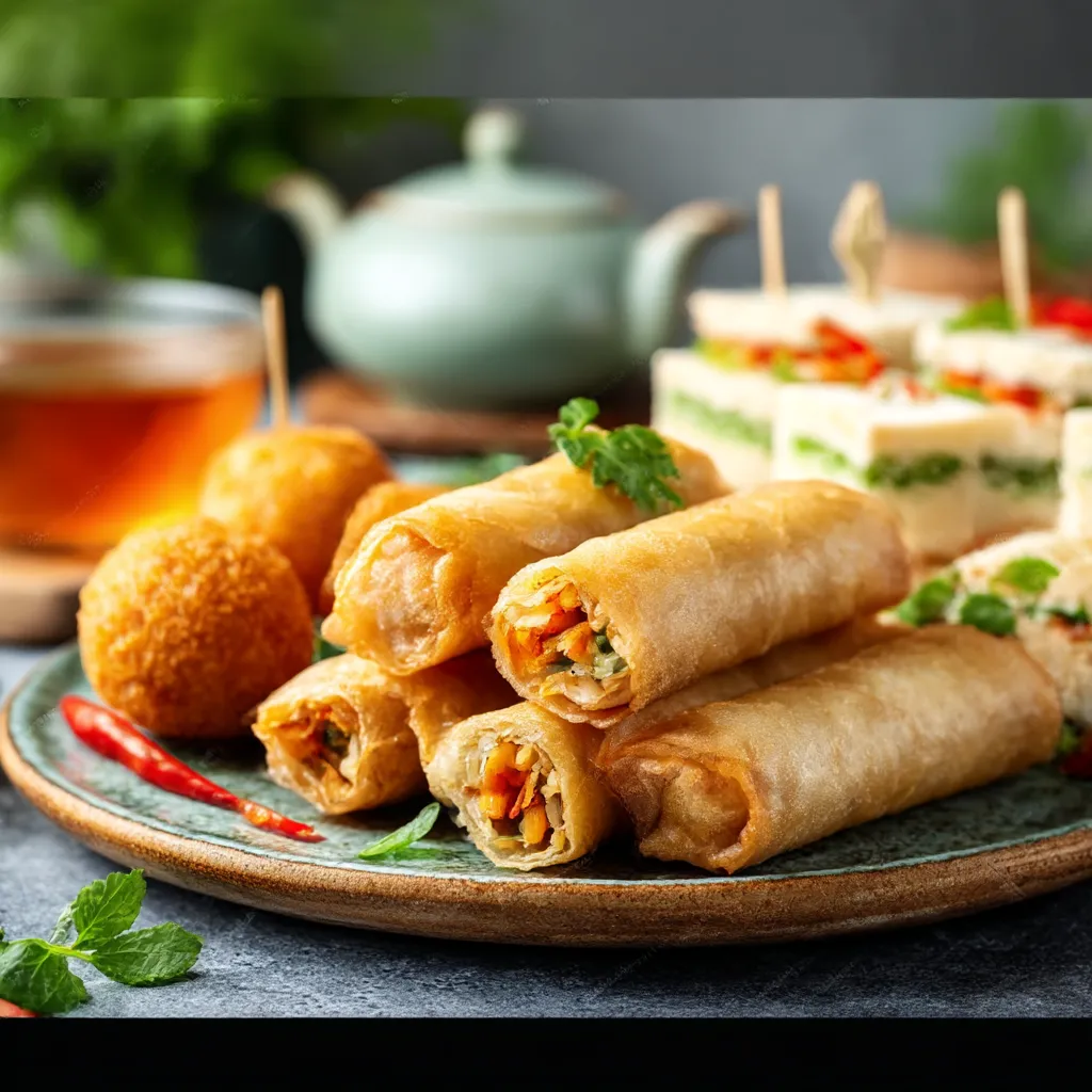 A colorful assortment of easy-to-eat Finger Foods, including chicken wings, vegetable sticks, and mini sandwiches, arranged on a wooden platter.