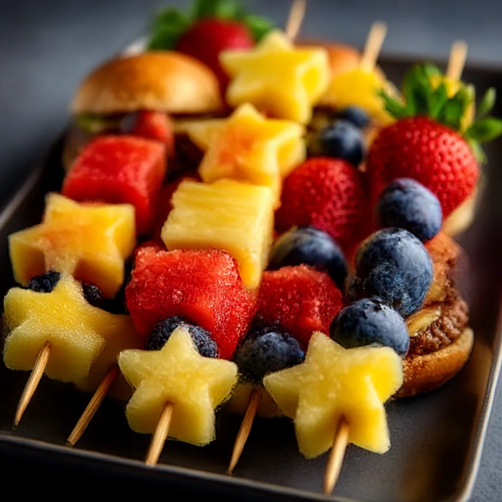 A festive platter of red, white, and blue 4th of July appetizers featuring star-shaped foods and patriotic decorations.