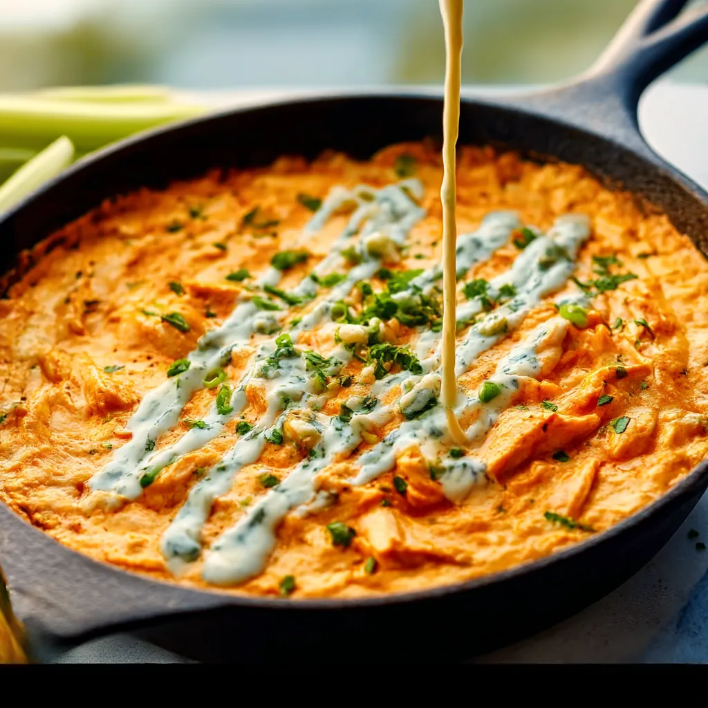 A close-up, featured image of a creamy and spicy Buffalo Chicken Dip served in a dish with celery sticks and tortilla chips for dipping.