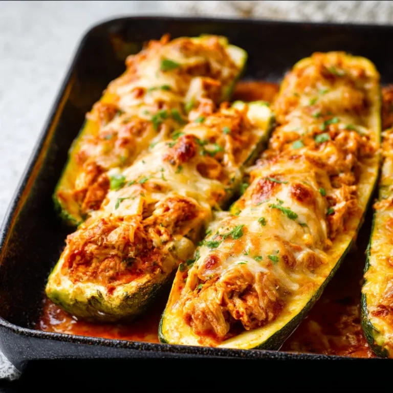 A baking dish holds golden-brown Buffalo Chicken Zucchini Boats topped with melted cheese and green onions.