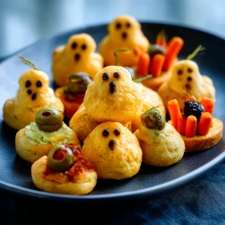 A platter of spooky and creative Halloween appetizers arranged for a party.