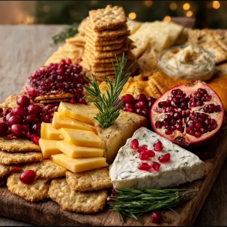 A festive platter of gluten free Christmas appetizers including bacon-wrapped dates, cheese straws, and vegetable crudites.