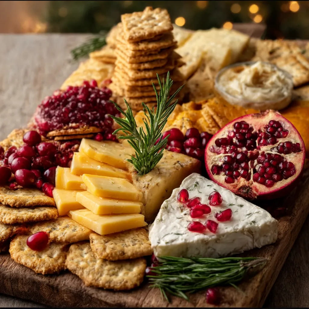 A festive platter of gluten free Christmas appetizers including bacon-wrapped dates, cheese straws, and vegetable crudites.