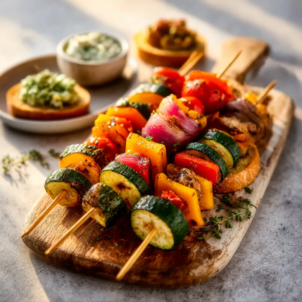 A colorful platter of easy-to-eat Outdoor Party Appetizers including skewers, dips, and fresh vegetables arranged on a rustic wooden table.
