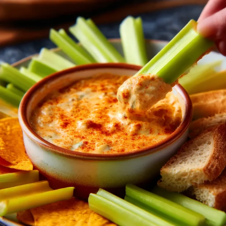 A creamy and spicy Buffalo Chicken Dip served warm in a dish, topped with melted cheese and green onions.