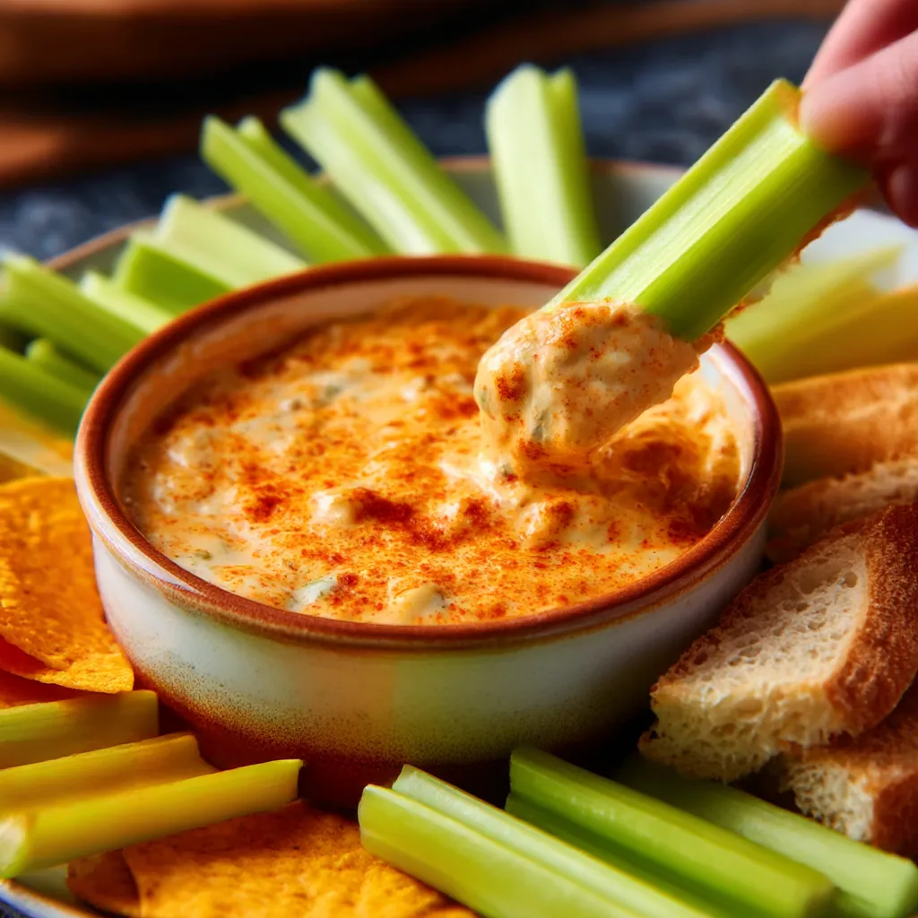 A creamy and spicy Buffalo Chicken Dip served warm in a dish, topped with melted cheese and green onions.
