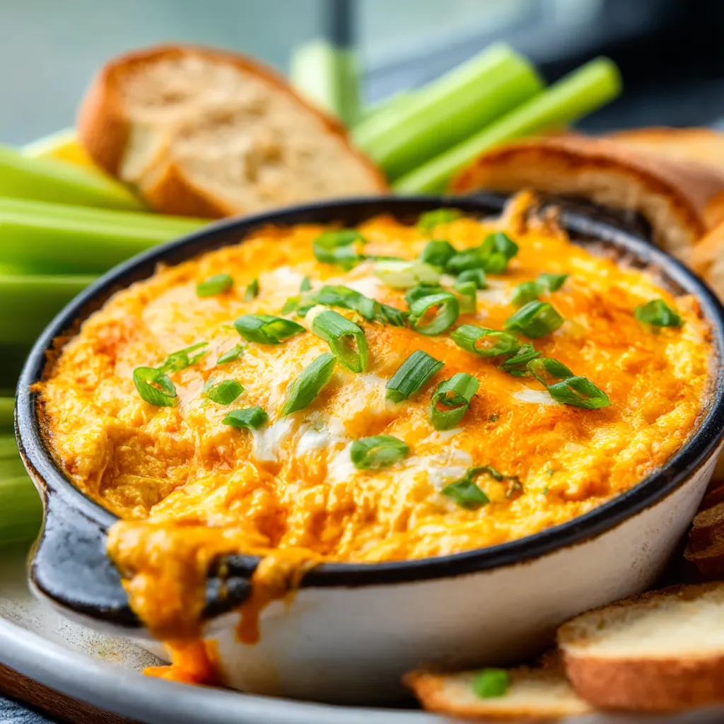 A creamy and spicy Buffalo Chicken Dip served warm in a dish, topped with melted cheese and green onions.
