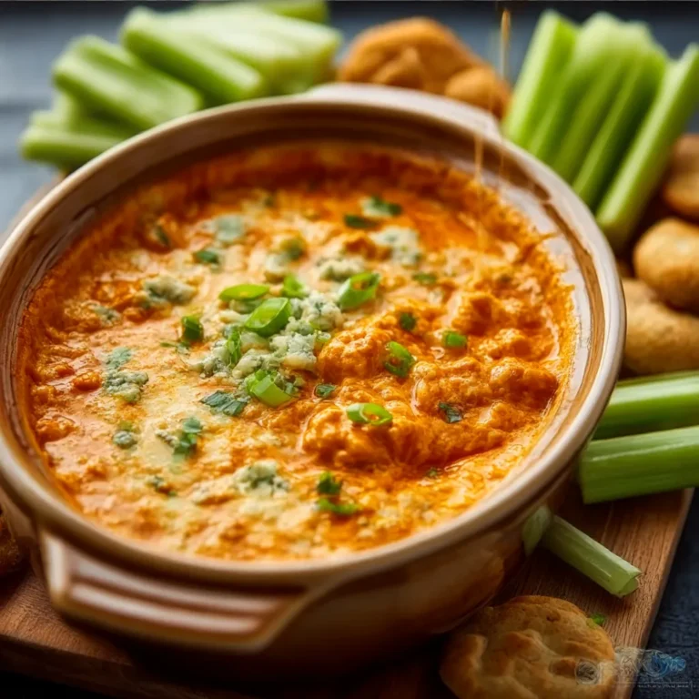 A creamy and spicy Buffalo Chicken Dip served warm in a dish, topped with melted cheese and green onions.