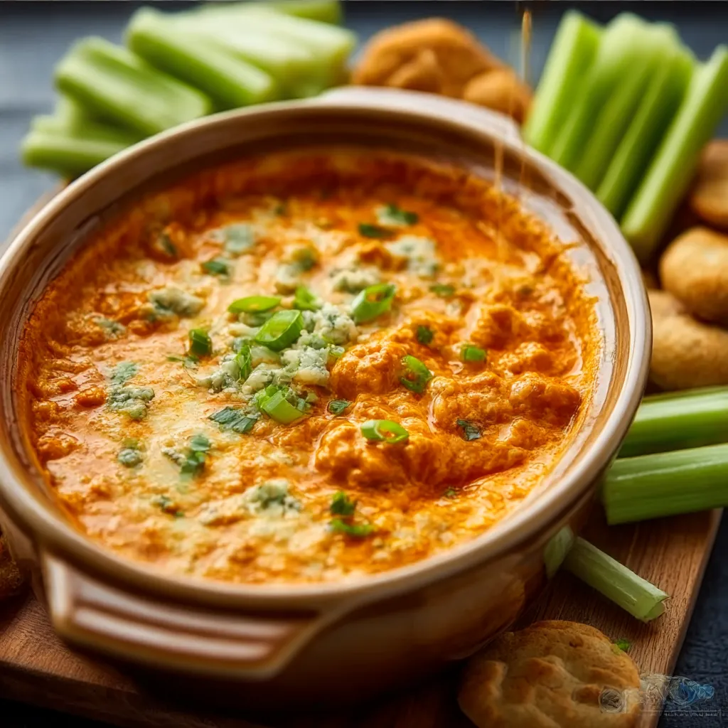 A creamy and spicy Buffalo Chicken Dip served warm in a dish, topped with melted cheese and green onions.