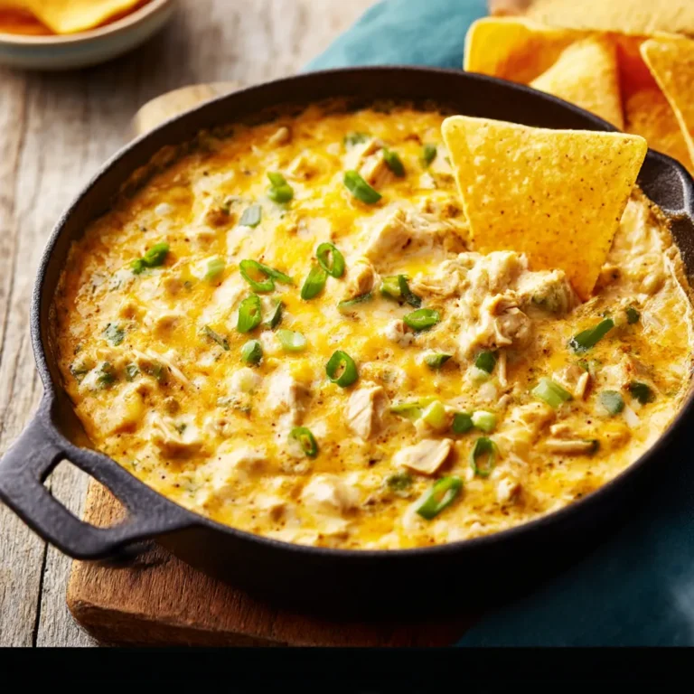 A creamy and spicy Buffalo Chicken Dip served warm in a dish, topped with melted cheese and green onions.