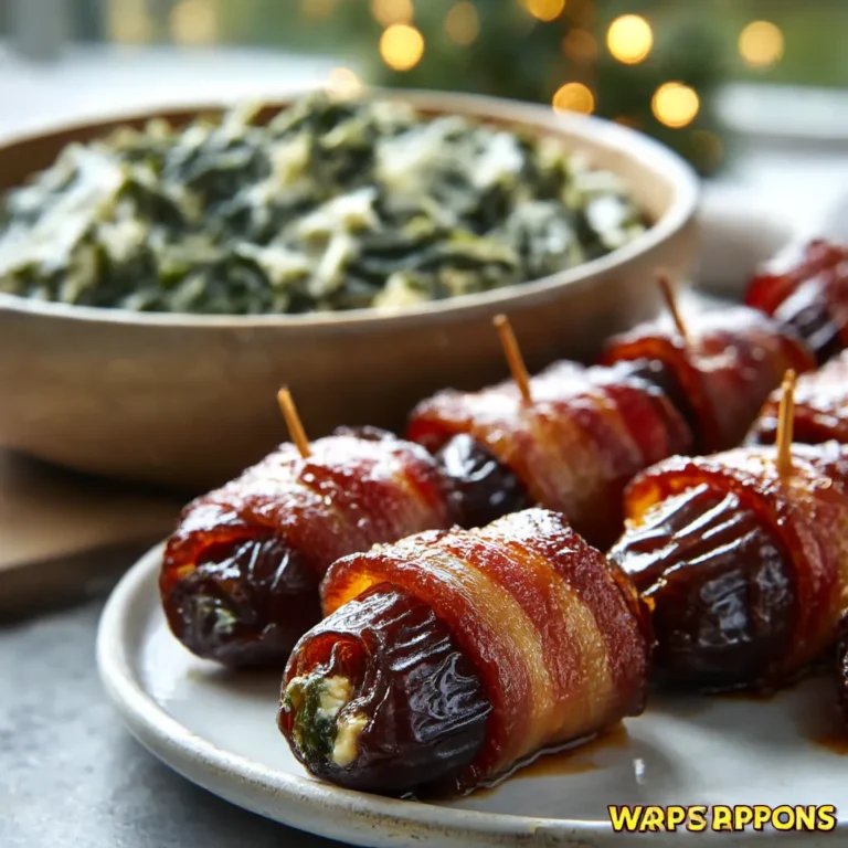 A festive platter of Christmas Party Appetizers including bacon-wrapped dates, cheese straws, and cranberry meatballs arranged on a rustic wooden board.