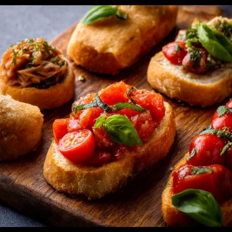 A colorful platter of assorted party appetizers including mini quiches, stuffed mushrooms, and vegetable skewers arranged on a wooden board.