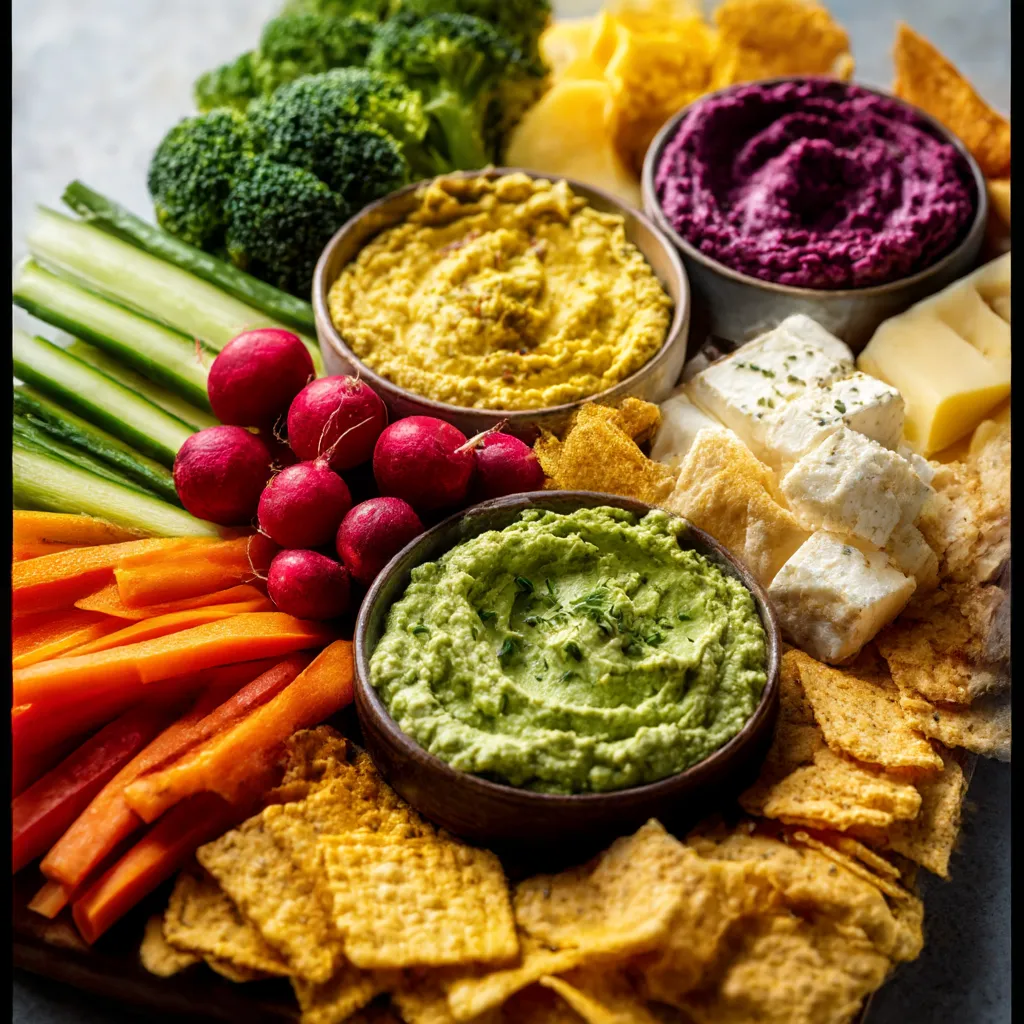 A colorful platter of Trader Joe's Party Appetizers including mini quiches, vegetable spring rolls, and cheese twists arranged for a gathering.