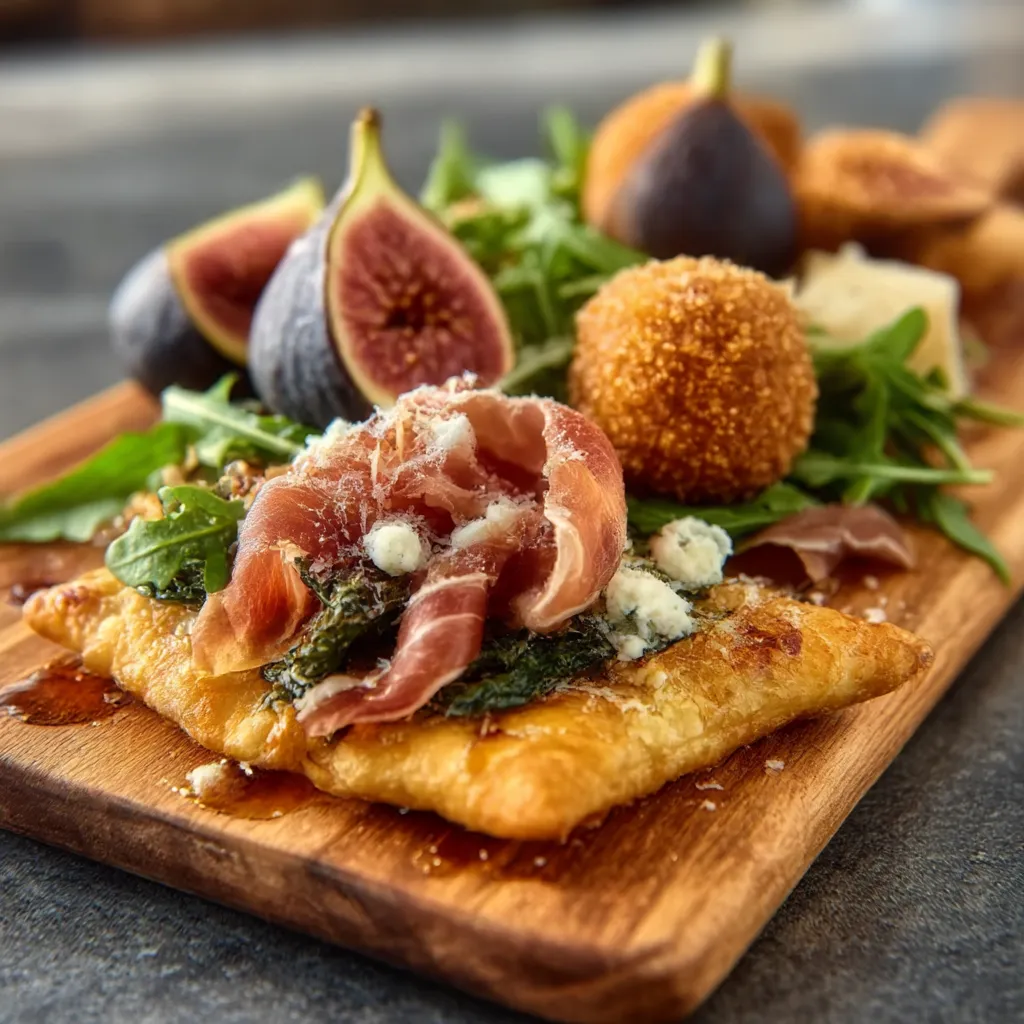 A platter of delicious warm appetizers for a party, including savory meatballs, crispy spring rolls, and baked brie with jam.