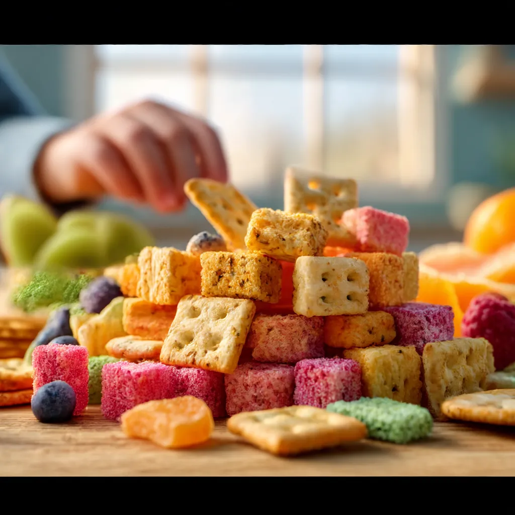 A colorful assortment of quick finger foods for kids arranged on a wooden table.