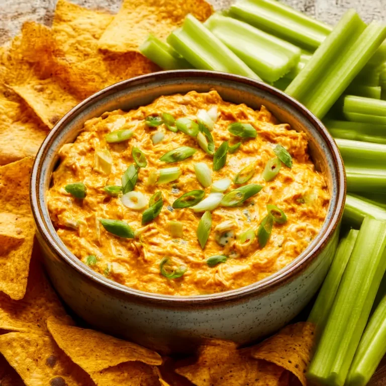A creamy and spicy Buffalo Chicken Dip served warm in a dish, topped with melted cheese and green onions.