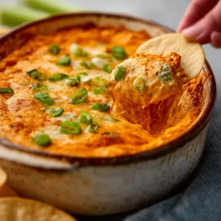 A creamy and spicy Buffalo Chicken Dip served warm in a dish, topped with melted cheese and green onions.