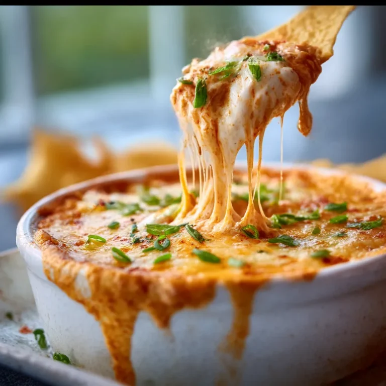 A creamy and spicy Buffalo Chicken Dip served warm in a dish, topped with melted cheese and green onions.