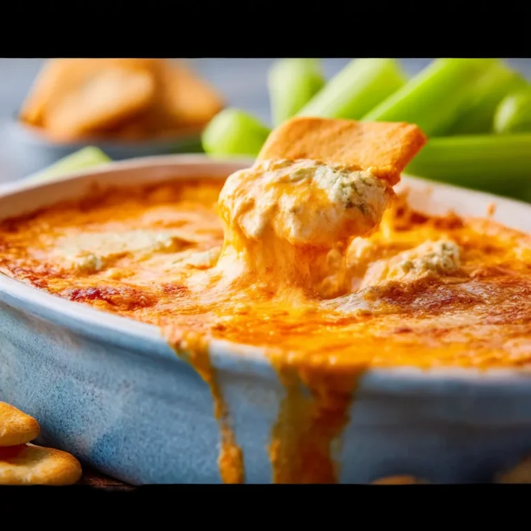 A creamy and spicy Buffalo Chicken Dip served warm in a dish, topped with melted cheese and green onions.